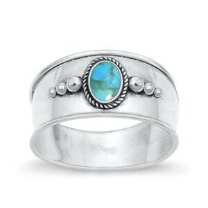 Sterling Silver 925 Oval Bezel Set Turquoise Cabochon Cigar Band Ring Sz 6.75